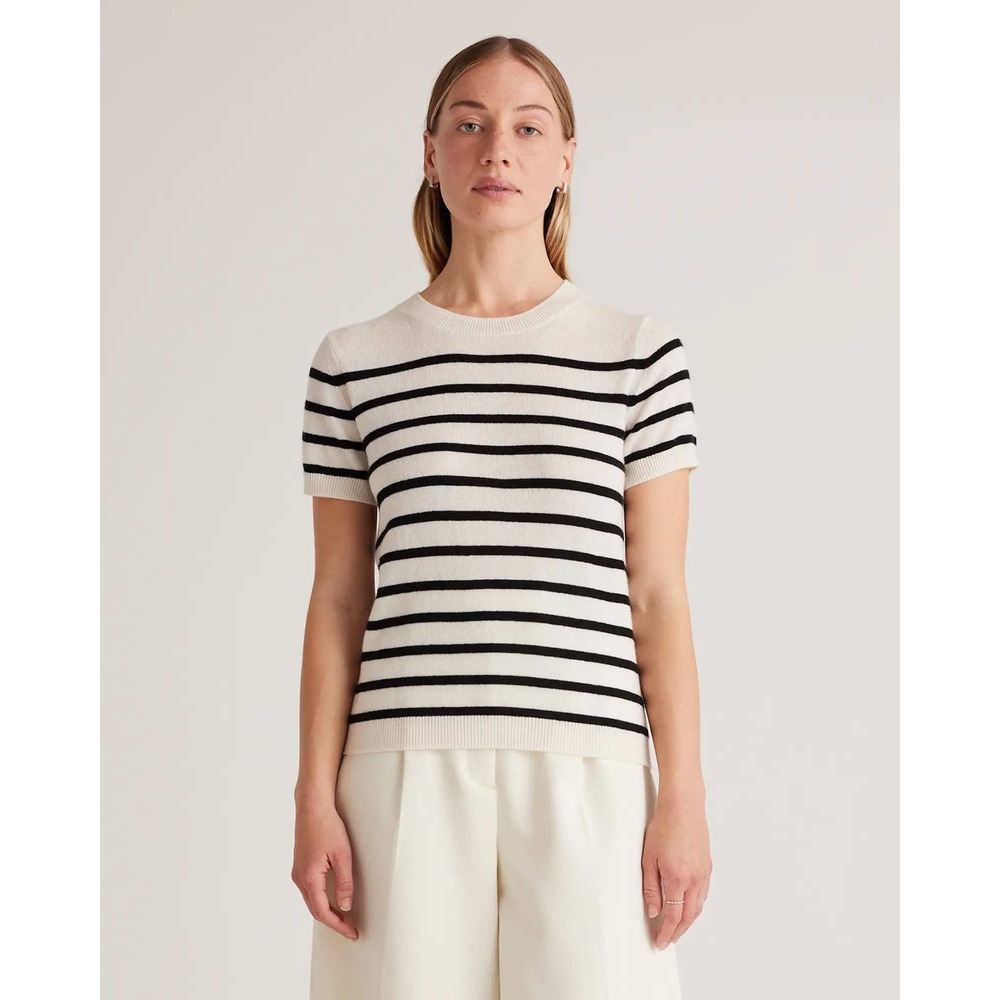 Quince Mongolian Cashmere Striped Tee Short Sleeve Sweater Ivory Black Large NWT